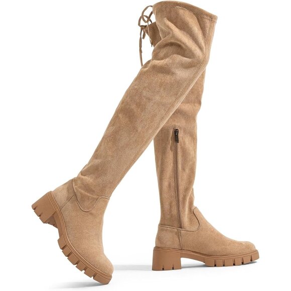 Women's Platform Boots-990-sand Over The Knee Thigh High Round Toe Long Boot - Picture 1 of 8